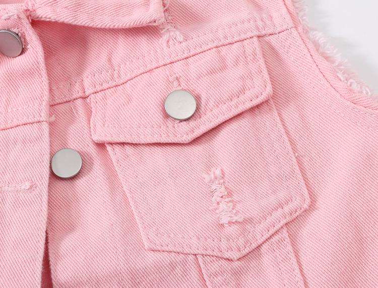 Women's Pink Frayed Denim Vest - Multicolor, Slim Fit, Sleeveless, Ripped Design for Spring/Summer