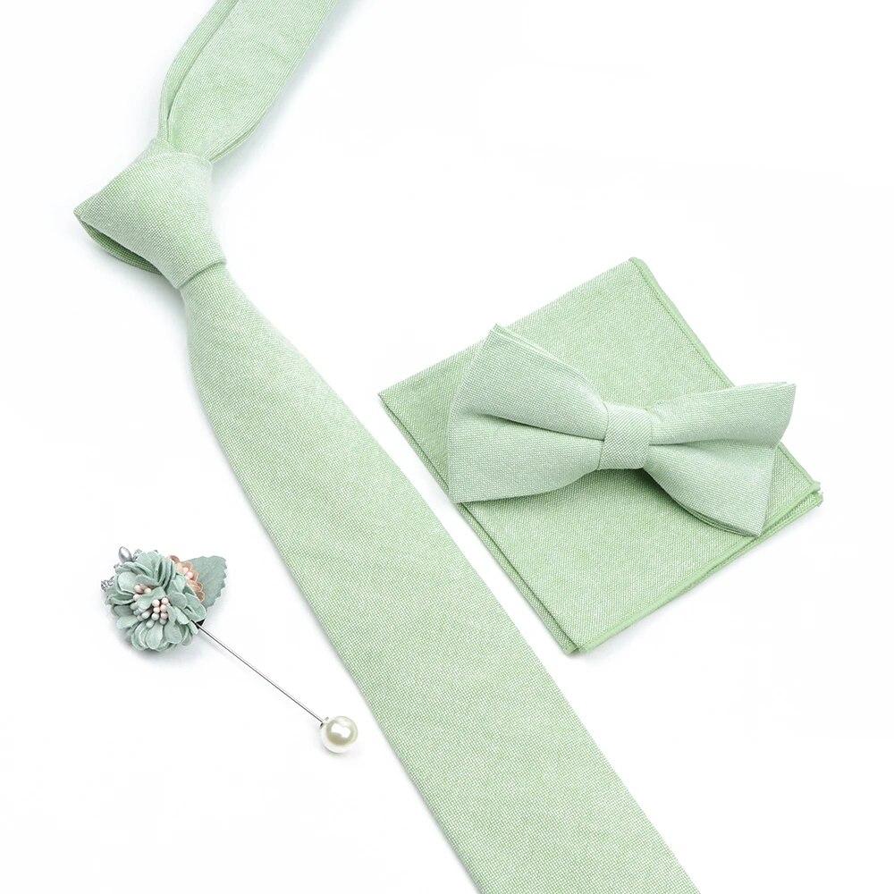 Solid Color Cotton Necktie Set For Men Tie 4pcs Hanky Cufflinks Rhinestone FLoral Brooch Tie Set