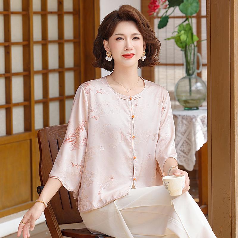 

Chinese-Style Lightweight Chiffon Top for Middle-Aged Women (40-60) - Summer Shirt XL (Recommended 47.5-55 kg)