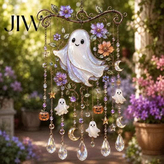 Whimsical Bat And Black Cat Decor Halloween Acrylic Wind Chime Pendant, Crystal Suncatcher Hanging Ornaments, Decorative Handcrafted Spooky