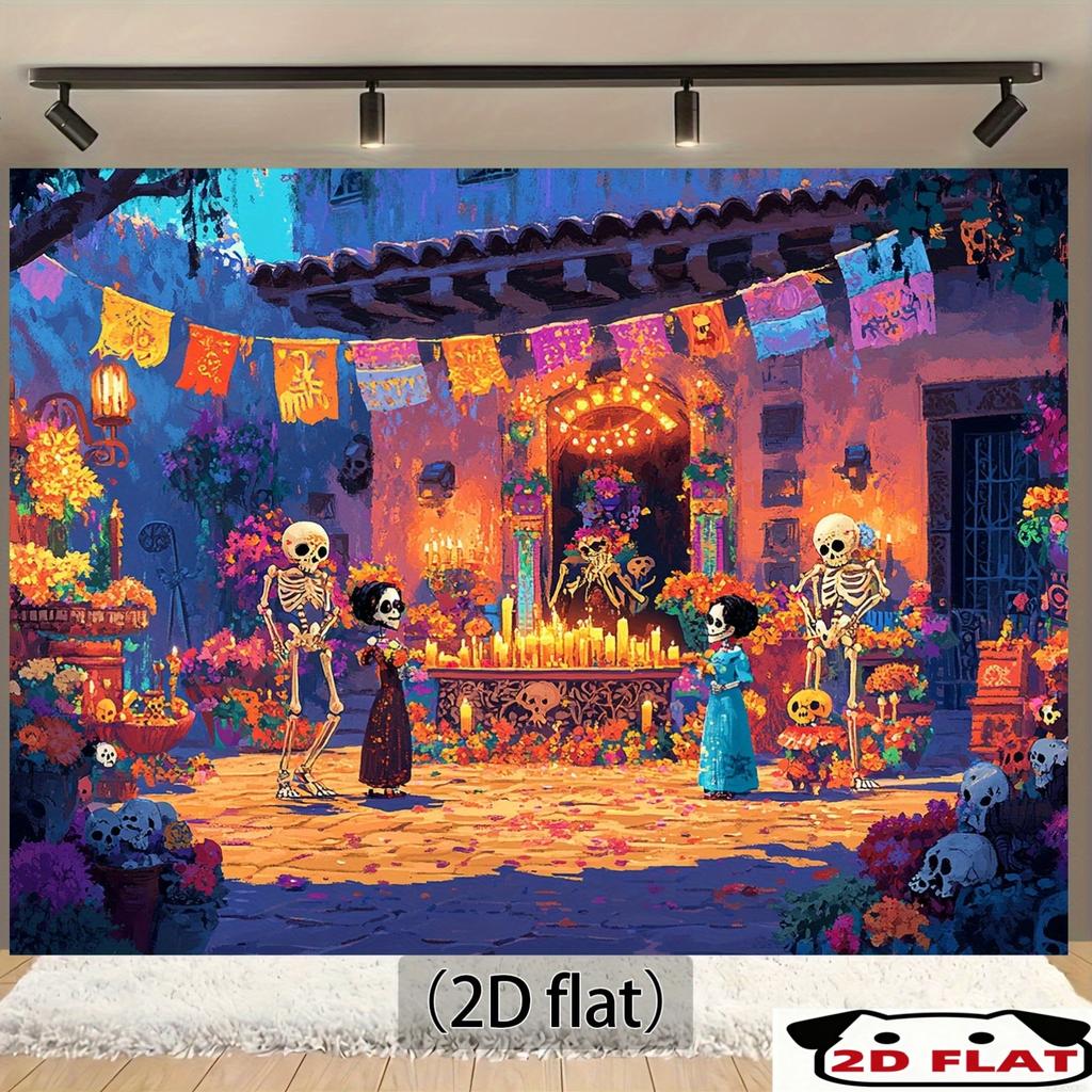 2D flat banner, 1 piece, Halloween theme scene - vibrant Mexican culture theme