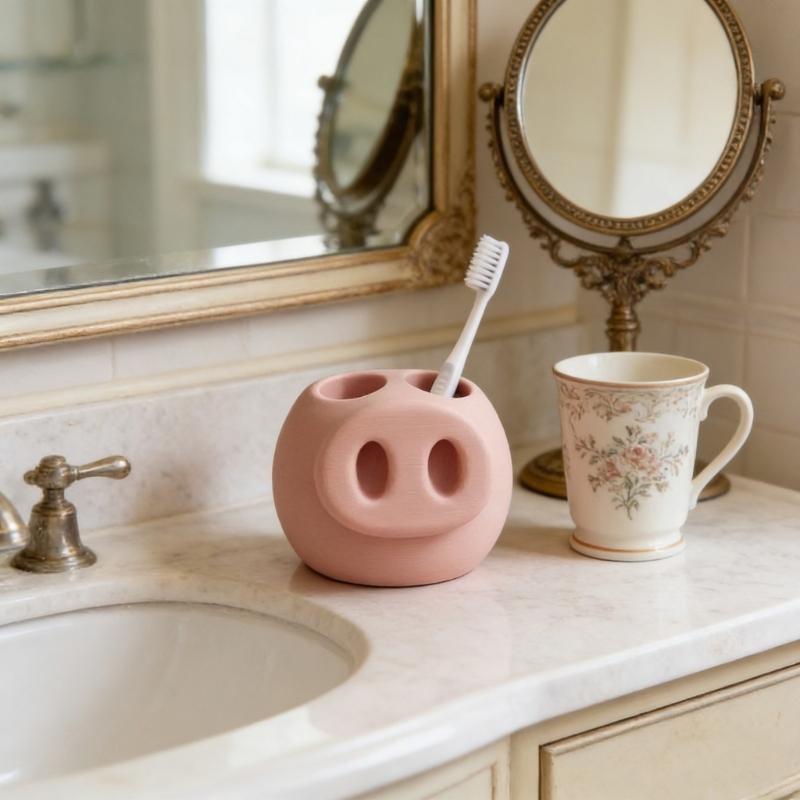 Cute Pink 3D Printed Snout Toothbrush Toothpaste Holder 3D Printed Design for Bathroom Countertop Accessories