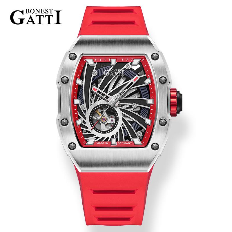 BONEST GATTI BG9902 Phantom Speed Automatic Skeleton Mechanical Watch Stainless Steel Case Rubber Strap Wristwatch for Men