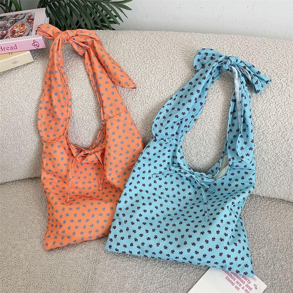Prined Floral Pattern Canvas Bag Lightweight Handbags Fashion Tie Bow Shoulder Bag  Outdoor