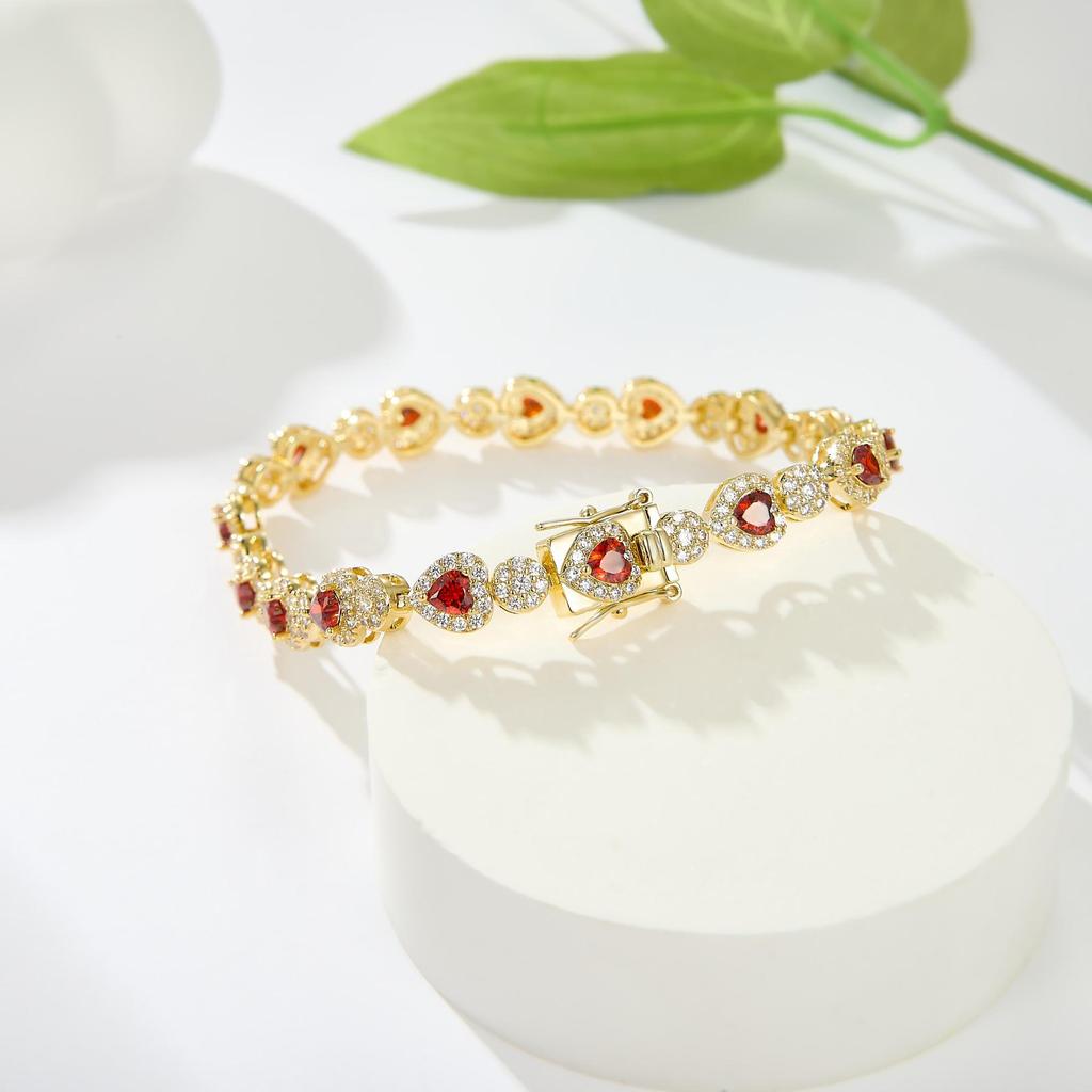 14K Gold Plated Garnet Heart Bracelet AAAAA Zircon Chain Link Bracelet for Women Jewelry Gift