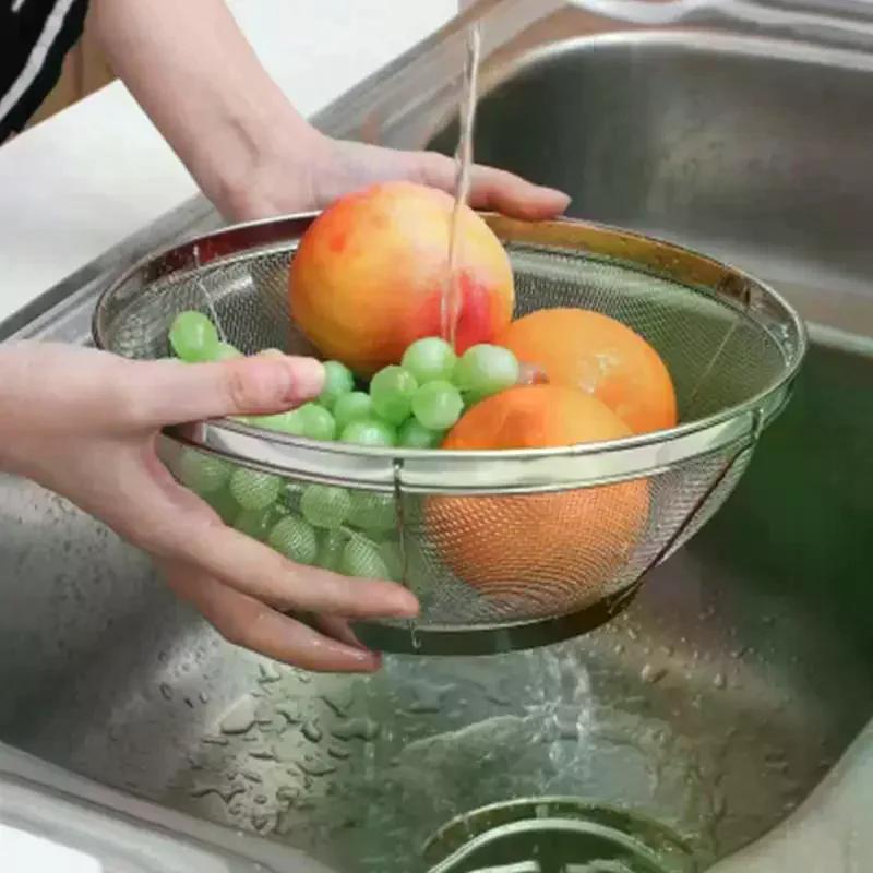1pcs Stainless Steel Rice Washing Sieve Fine Mesh Basket Kitchen Colander Fruit Rinser Strainer Container Vegetable Washing Bowl