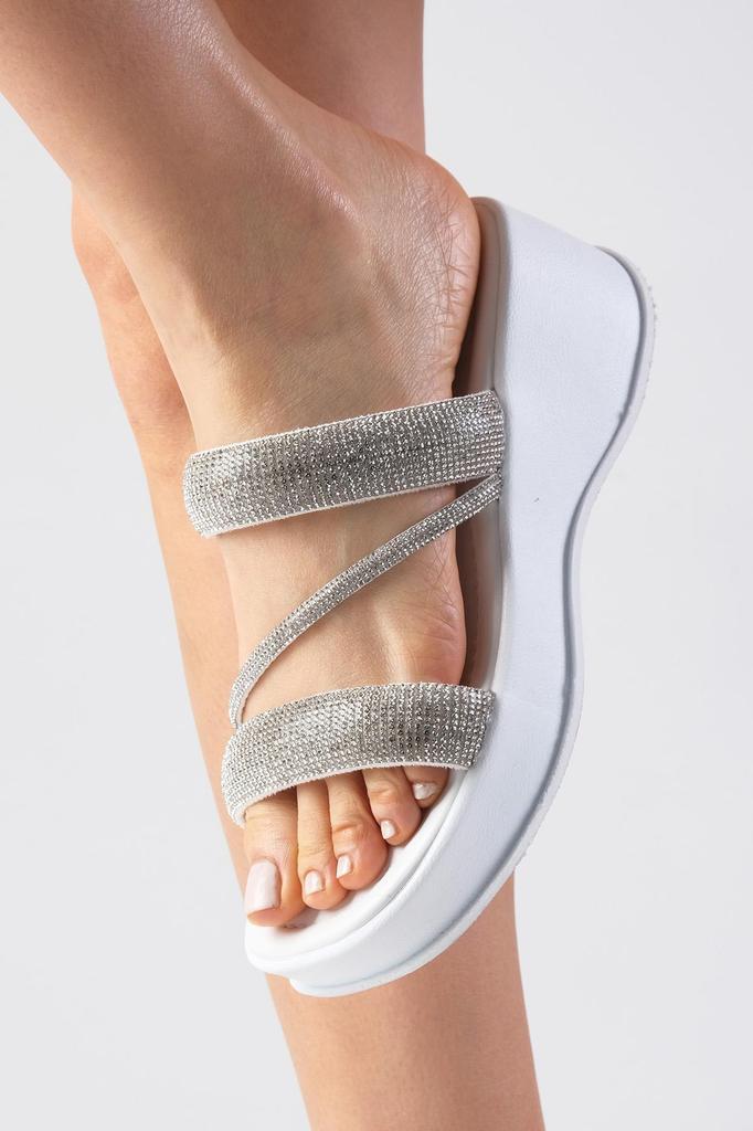 Lanita White Color Cross Stone Banded Women's Flat Slippers