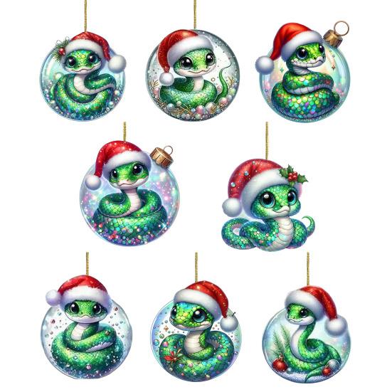 Hadí vánoční ozdoba Plochá 2D akrylová kreslená hadí přívěsek Slavnostní had se Santa čepicí