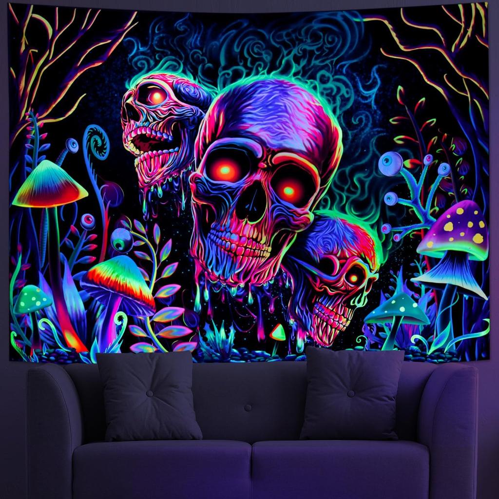 Amonercvita Blacklight Skull Tapestry Trippy Skeleton Wall Tapestries UV Reactive Neon Plants Trees Tapestries Aesthetic Galaxy Space Tapestry Wall