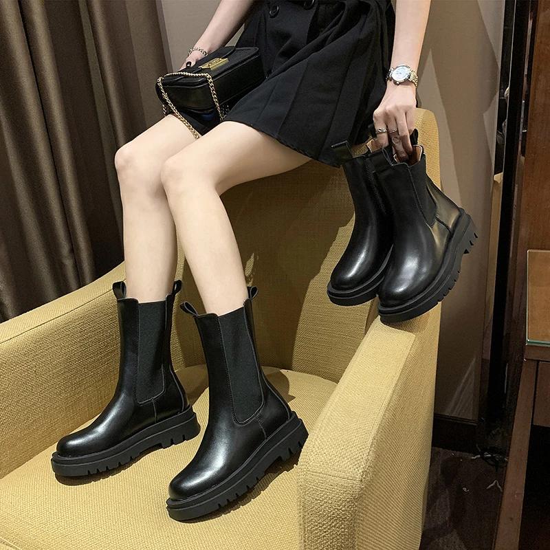 Fashion Boots for women with increased height inside 2025 new spring and autumn versatile chimney short boots for women with thick soles