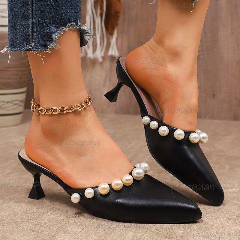 Elegant Ladies Pearls Pointed Toe Sandals Women Summer 2025 High Heels Slip On Party Wedding Shoes Woman White Mules Slippers
