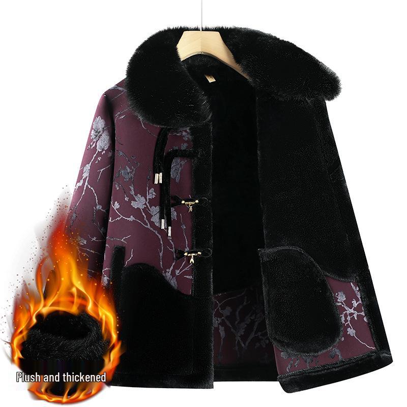 Warm Winter Fleece Coat for Elderly Women - Fur Collar, All-in-One Design