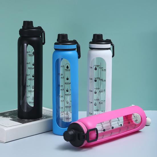 Glaswasserflasche mit Silikonhülle Zeitmarkierung 1000ml Auslaufsicher Borosilikat Wasserbecher für Sport Fitness Büro BPA-frei Getränke Geschenkidee