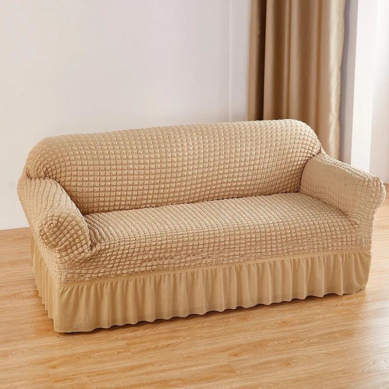 Bubble Gauze Sofa Cover with Skirt Hem All Inclusive Elastic Dust Cover for Living Room Anti Slip Furniture Protection Slipcover