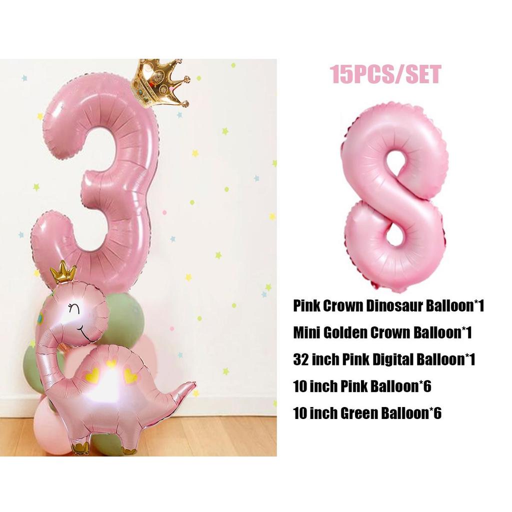 Torre de balões de dinossauro verde rosa com balão de número de 32 polegadas para decoração de festa de aniversário faça você mesmo com dinossauro para meninas