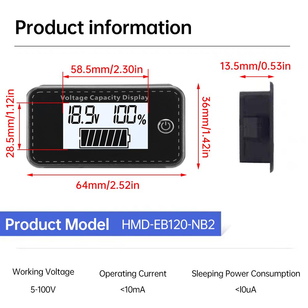 LCD Digital Voltmeter Car Battery Power Indicator DC 5-100V Li-Ion/Li-Fe/Battery Universal Vehicle Voltmeter Power Tester