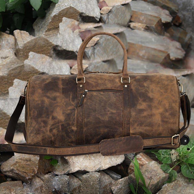Leather Trolley Duffle bag Genuine Handmade Leather Rolling Travel Duffel Men Leather Overnight Weekender Duffel Personalized Gift Bag