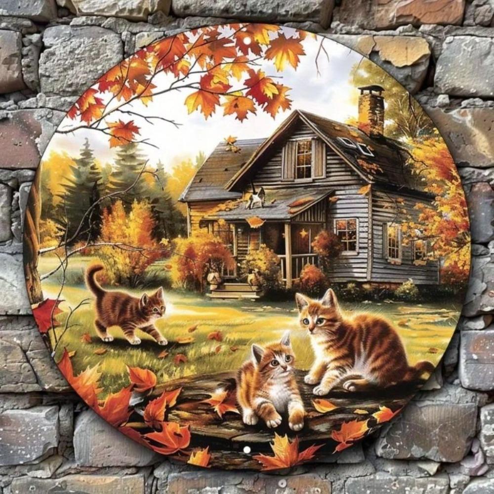 Fall Cat With Leaf Metal Poster Round 20x20cm Wall Art For Living Room