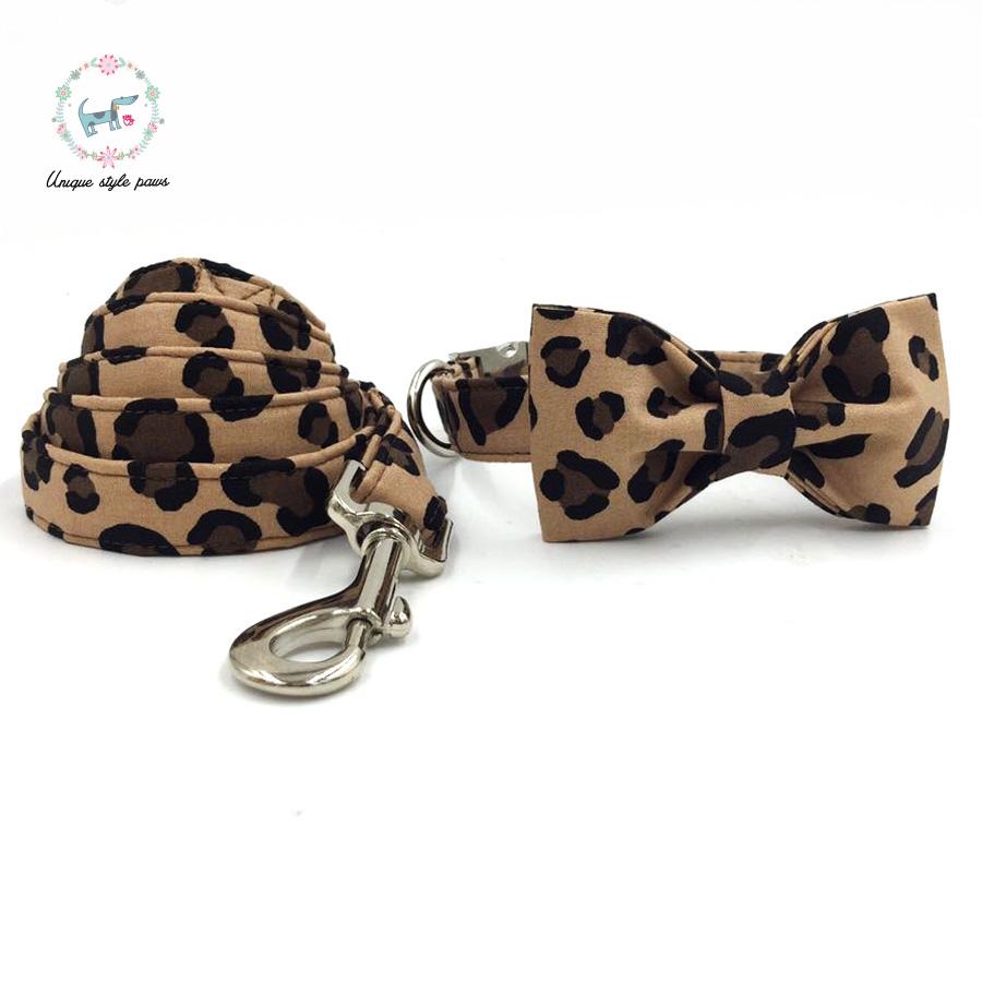 Unique Style Paws Leopard Print Dog Collar and Lead Set with Bow Tie Cotton Dog &Cat Necklace and Dog Leash