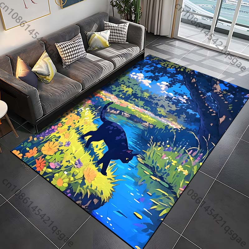 Multiple sizes Black cat by stream wildflowers Print Carpet for Living Room Bedroom Sofa Home Decor Non-slip Mat Luxury Gift