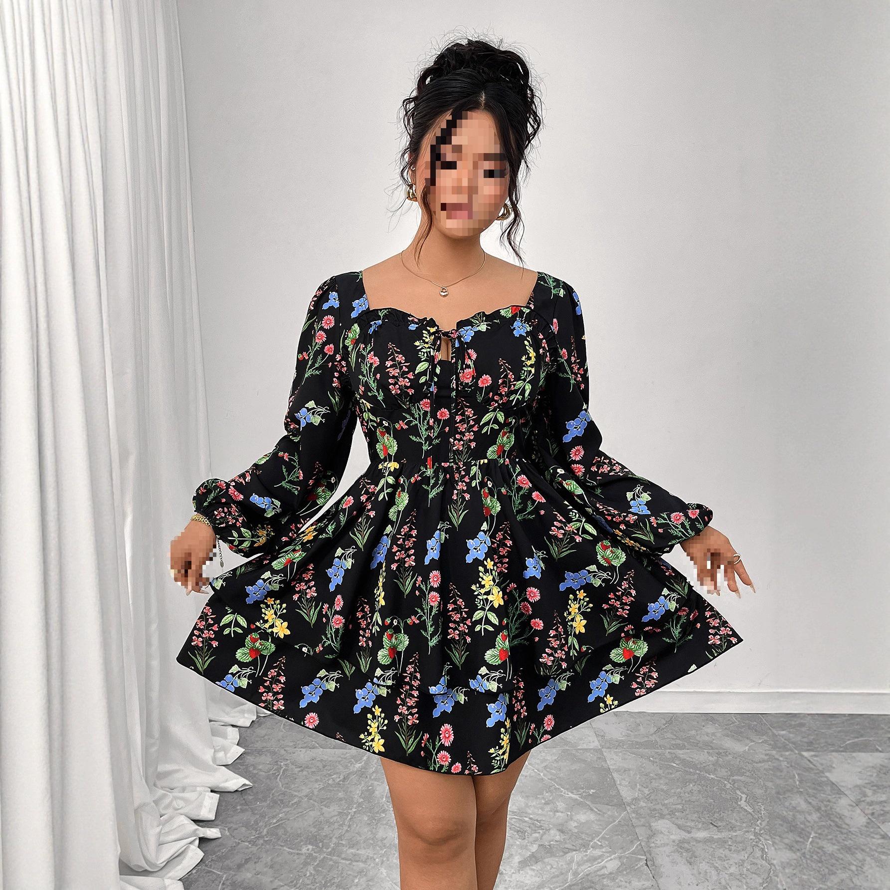 

European and American Style Cross-border Square Neck Puff Sleeve Printed Cake Dress 4XL чёрный