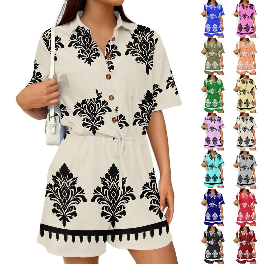 Women's Fashion V-neck Jumpsuit Plaid Casual Short Sleeve Top Jumpsuit