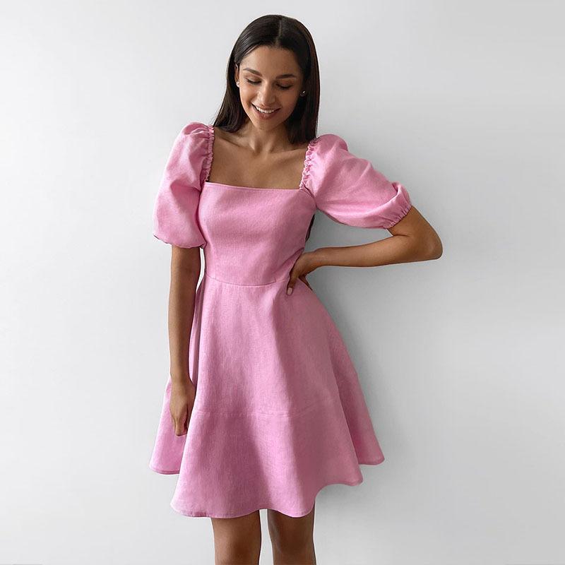 Personality Temperament Bubble Sleeve Patchwork Square Collar Zip Paragraph Solid Colour Fairy Dress Women Dresses