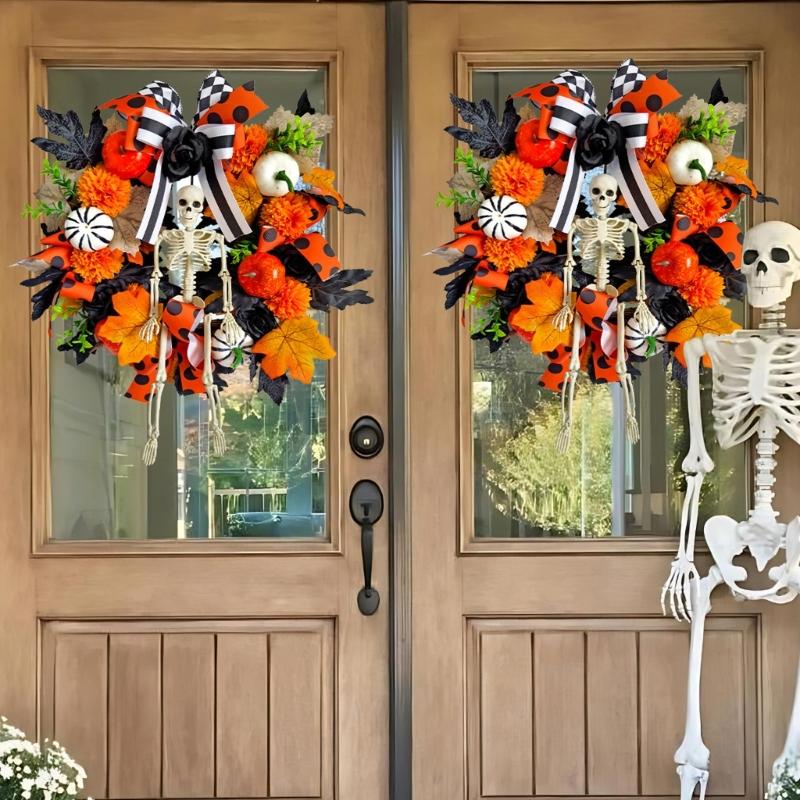 Realistic Faux Maple Leaf Pumpkins Skull Branch Wreath Durability Waterproof Halloween Autumn Home Outdoor Decors