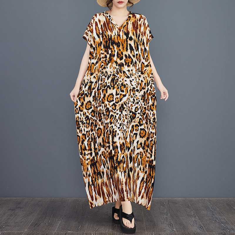 Women's Leopard Print Boho Caftan Dress - Batwing Sleeve V-Neck Rayon Maxi, Flowy Loose Fit Beach