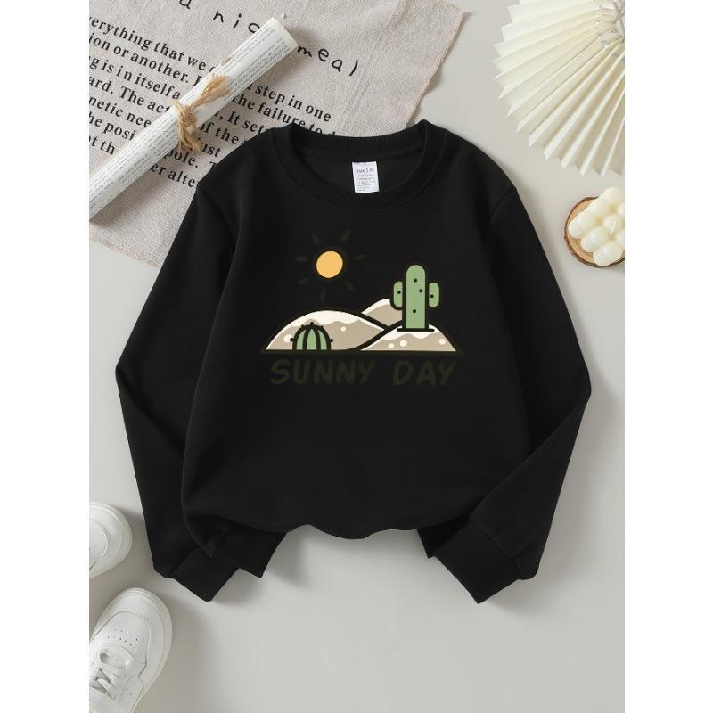 European Sizes Girls' Long-Sleeve Round Neck Sweatshirt "Sunny Day Cactus" Print, Spring/Autumn, Casual, Daily & Sports.