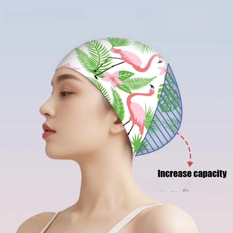 Große Badekappen Damen Mode Druck Ohrenschutz Lange Haare Wasserdicht Silikon Badekappe Badehüte Schwimmzubehör