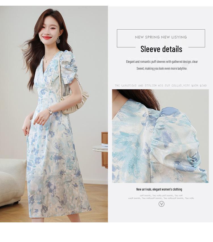 Vintage French Floral Puff Sleeve V-Neck A-Line Dress - Slim Fit Waist-Cinching Summer Long Skirt