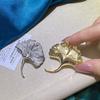 Gold-Plated Ginkgo Leaf Brooch with Zircon & Pearl Corsage Pin