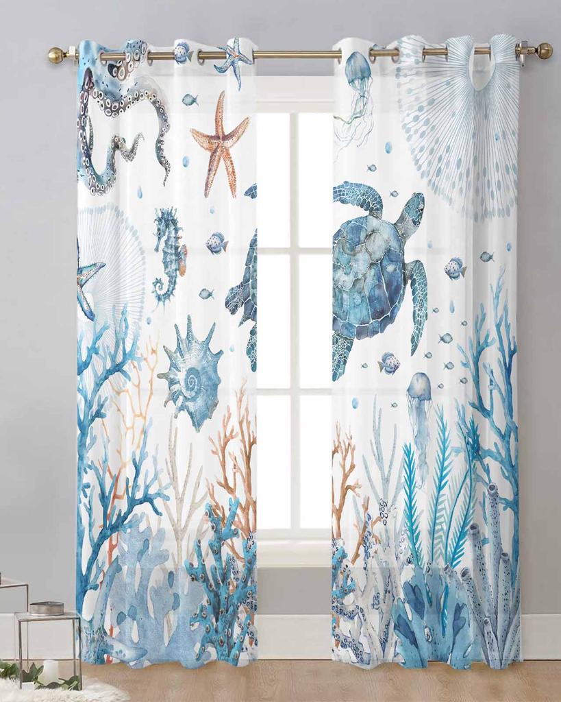Ocean Coral Turtle Starfish Sheer Curtains for Living Room Decoration Window Curtains for Kitchen Tulle Voile Organza Curtains