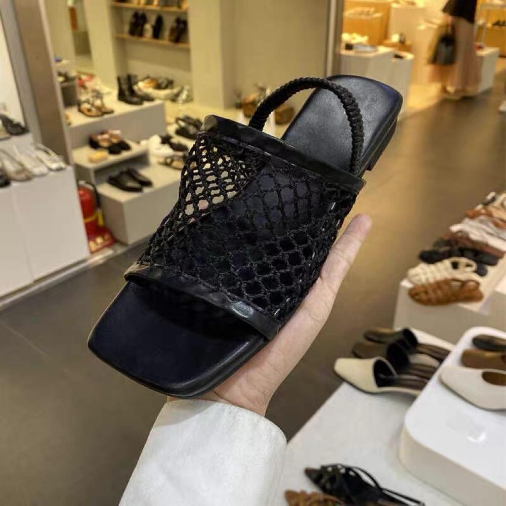 Sheepskin Version~ Korean Fishing Net Surface Square Head Open-toed Sandals Women's Summer 2025 New One-word Flat-bottomed Cool Slippers Outer Wear