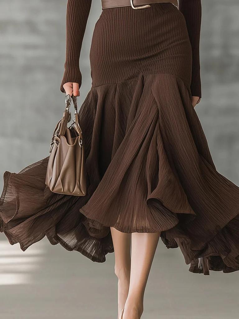 Women's Autumn New Solid Color Patchwork V-Neck Long Sleeve Dress Maxi Dress