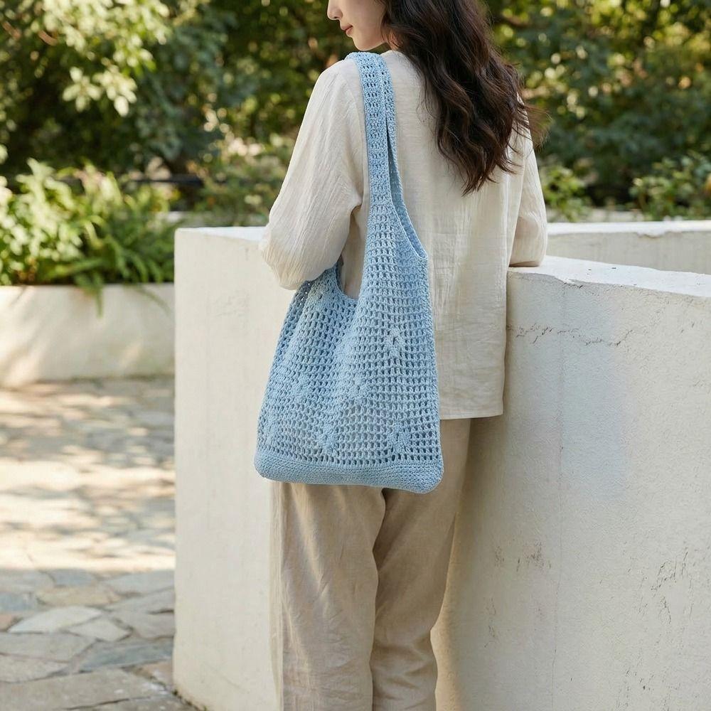 Braided Crochet Flower Tote Bag Solid Color Beach Bag Sweet Hollow Out Knitted Weave Bag  Daily