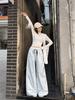 Women's Spring High-Waisted Wide-Leg Pants with Bowknot, Blue Stripes, Slim-Fit, Elastic Waist, Casual and Versatile Style.