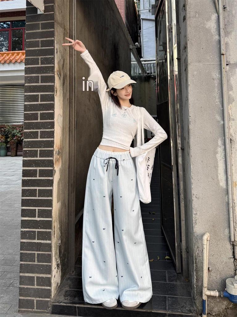 Women's Spring High-Waisted Wide-Leg Pants with Bowknot, Blue Stripes, Slim-Fit, Elastic Waist, Casual and Versatile Style.