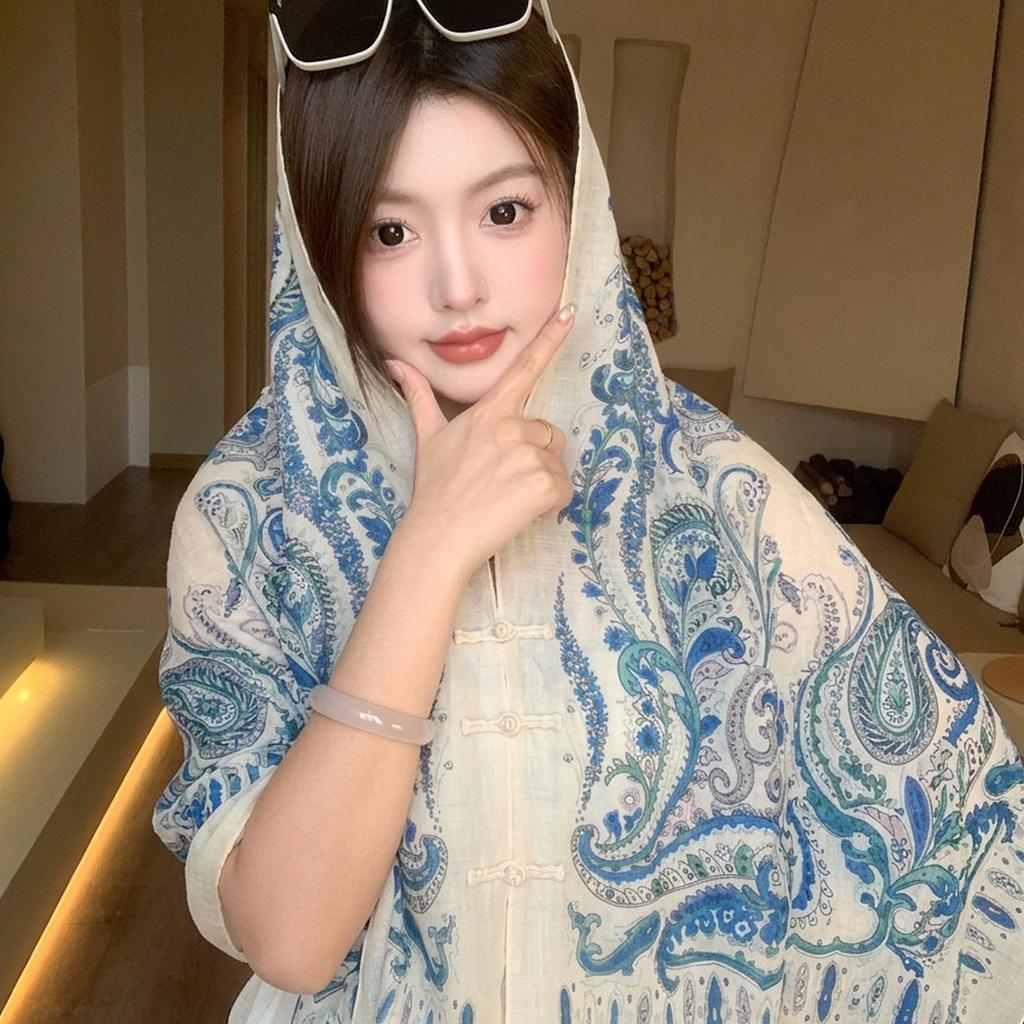 White cashew flower sunscreen shawl women's disc buckle long ethnic style travel photo thin beach scarf silk scarf