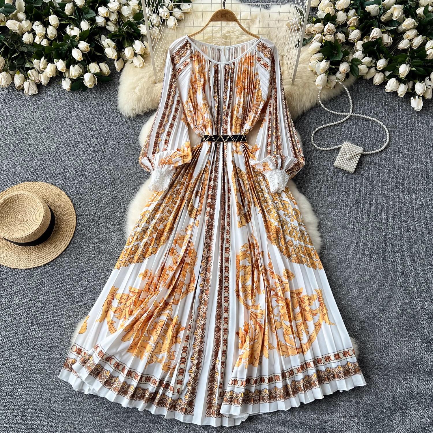 

Осіння плісирована розкішна святкова максі-сукня з квітковим принтом Жіноча довга сукня з круглим коміром і рукавом-ліхтариком з високим еластичним поясом One Size