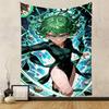 "Green-Haired Anime Heroine in Action" Patterned tapestry home decor, suitable for bedroom and living room, gift
