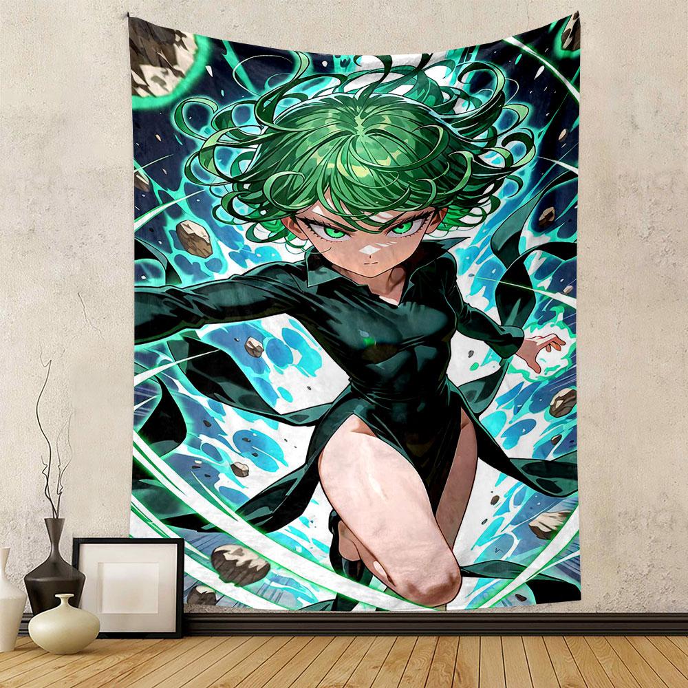 "Green-Haired Anime Heroine in Action" Patterned tapestry home decor, suitable for bedroom and living room, gift