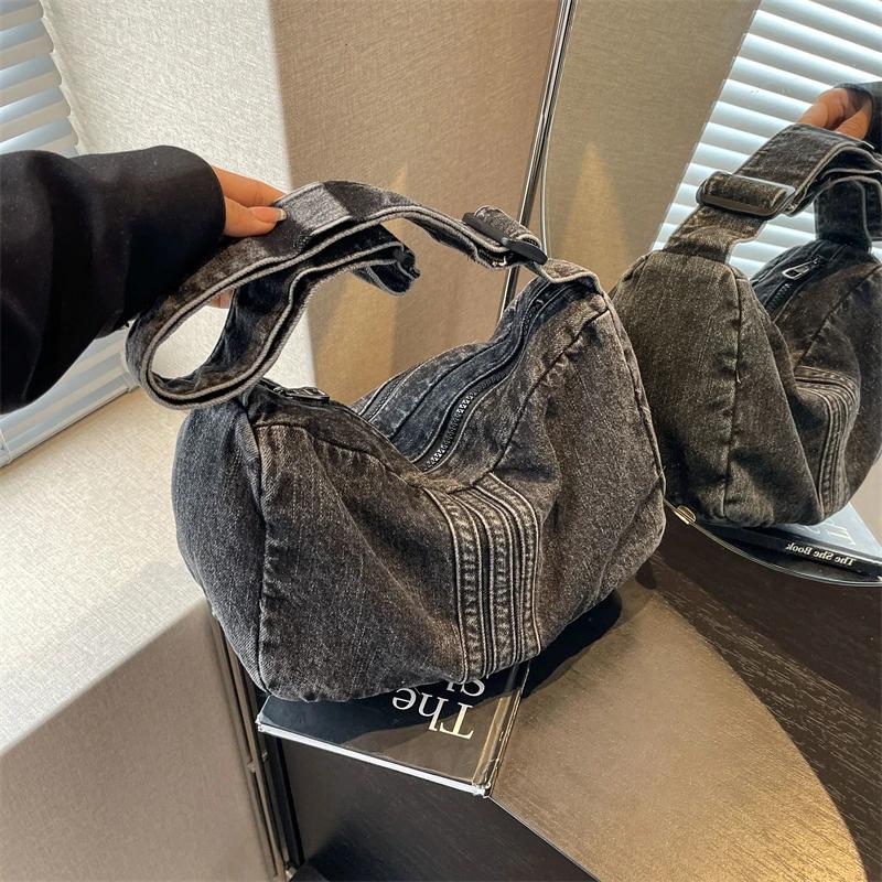 Casual Sewing Thread Zipper Denim Women's Crossbody Bag Fashionable and Versatile Large Capacity Shoulder Bag