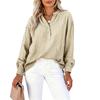 Women Long Sleeve V Neck Button Front Loose Fit Blouse Textured Fabric Casual Office Shirt