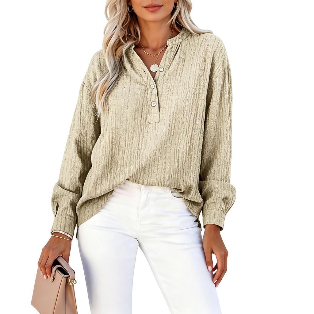 Women Long Sleeve V Neck Button Front Loose Fit Blouse Textured Fabric Casual Office Shirt
