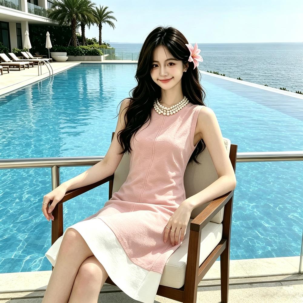Spring Summer Beaded Knitted Mini Dress for Women Fashion Sleeveless Slimming Ruffle-Trimmed Sweater Dress