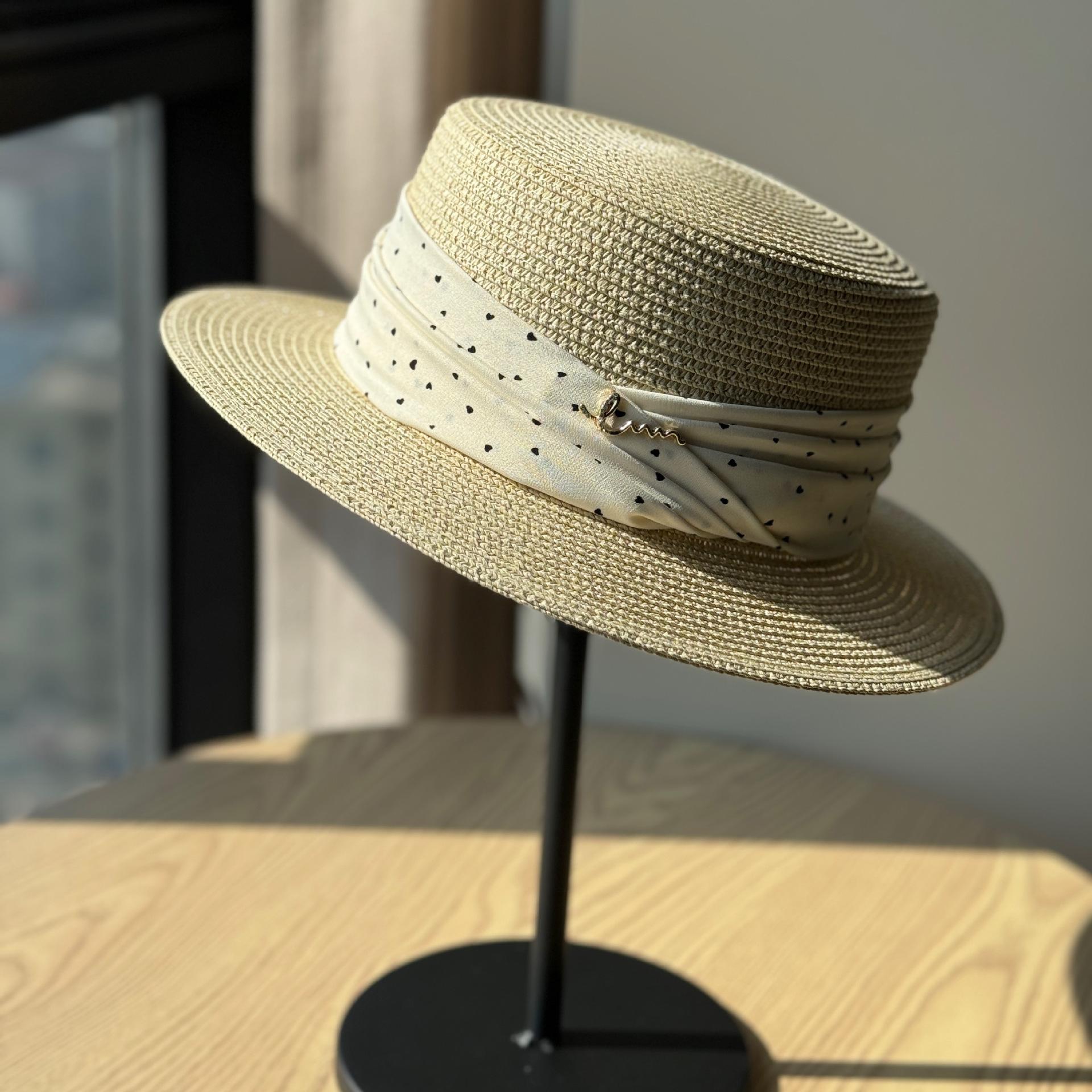 

Vintage French-style polka dot flat-top straw hat for women, summer seaside vacation and outing flat-brimmed sunshade straw hat Adult54-60Adjustable бежевий