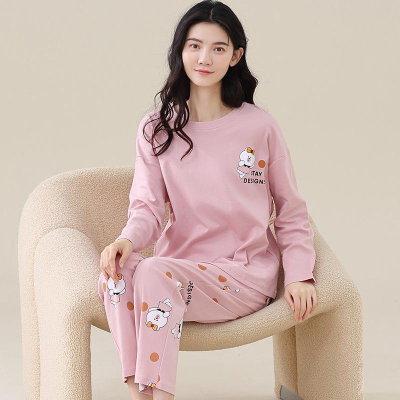 Aifen Teng Women's Pajamas Set: Pure Cotton, Long Sleeve, Long Pants, Casual Home Wear, Suitable for Spring, Autumn, and Winter.