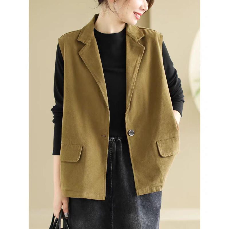 Suit Collar Vest Jacket 2025 Autumn New Splice Button Pocket Loose Casual Sleeveless Top